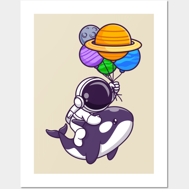 Cute Astronaut And Whale Floating With Planet Balloon In  Space Cartoon Wall Art by Catalyst Labs